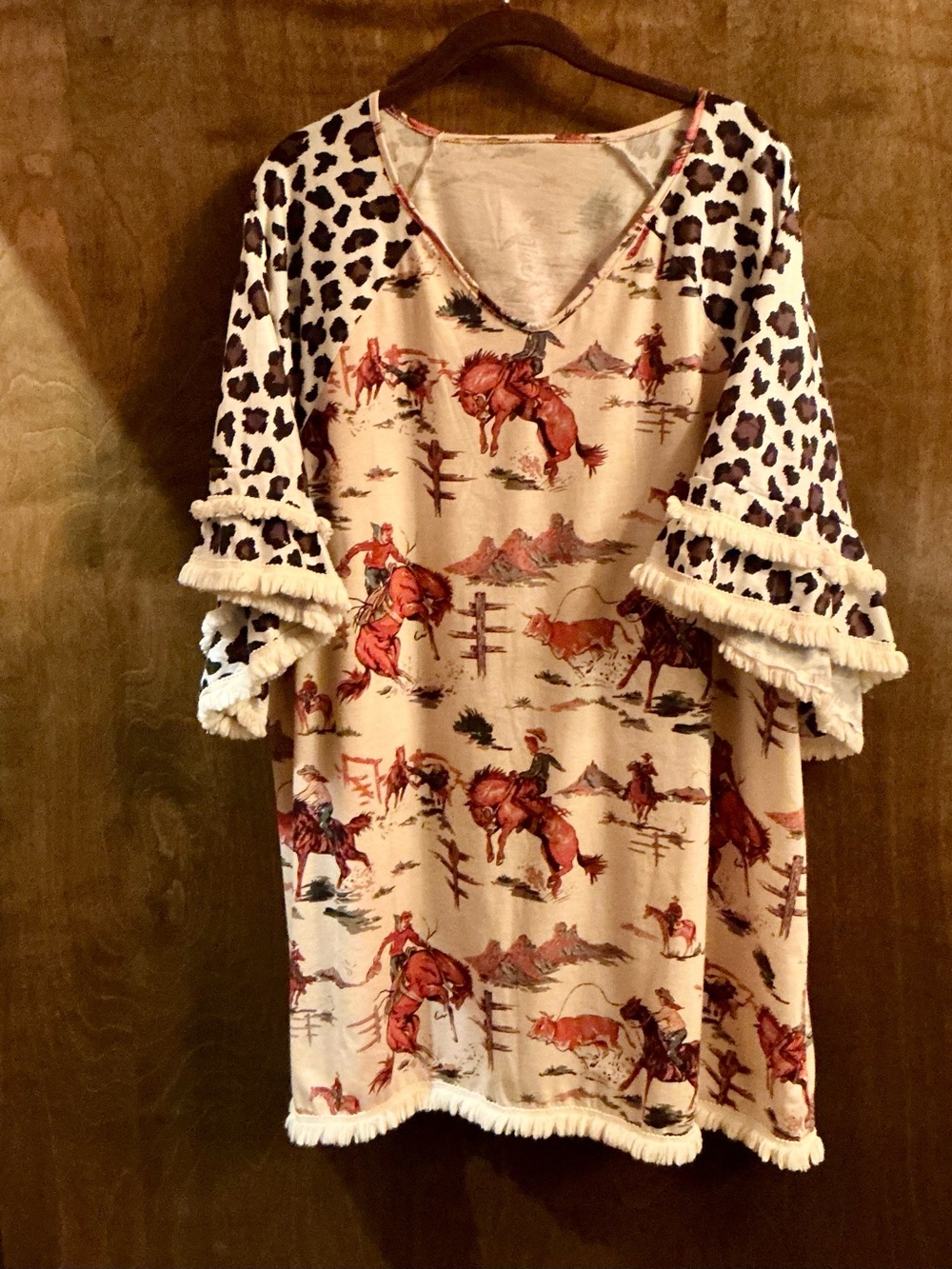 Western Cream Horse Print Tunic with Leopard Sleeve Accents